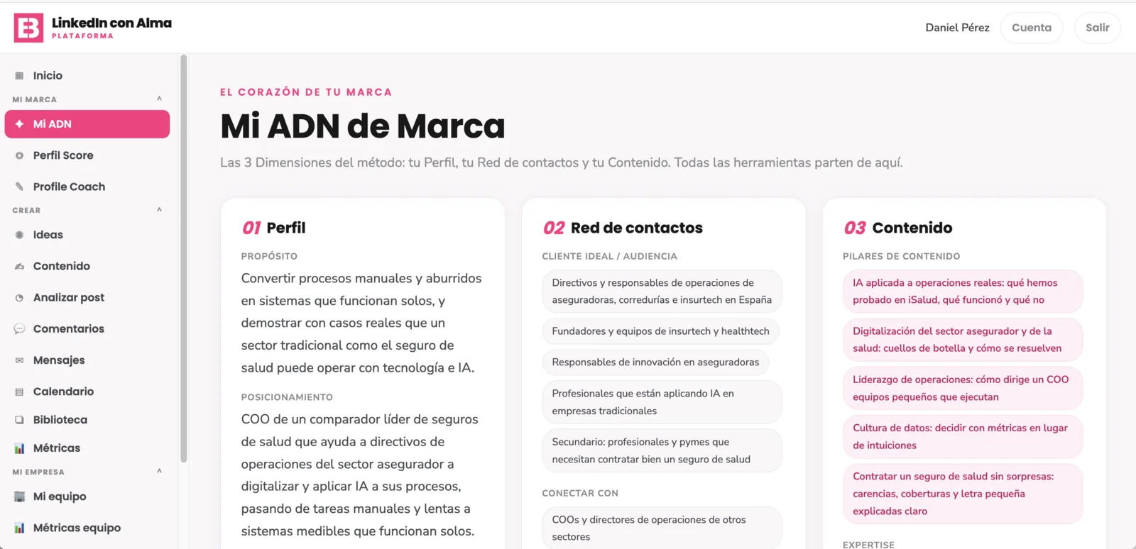 El ADN de Marca dentro de la plataforma: Perfil, Red de contactos y Contenido